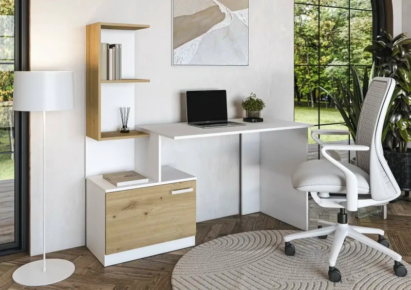 Biurko Miso z regałem i szafką do pokoju młodzieżowego 144 cm biały/dąb artisan