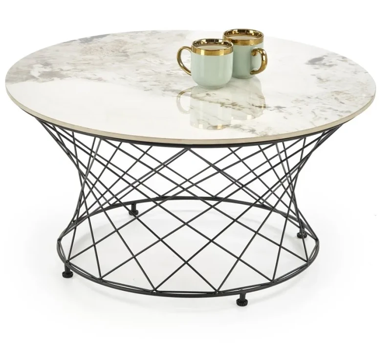 Stolik kawowy Alessia ława okrągła do salonu 80 cm beżowy marmur/czarny