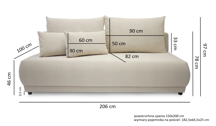 Sofa tapicerowana rozkładana Noemi 206 cm - wymiary