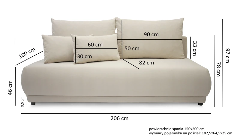 Sofa tapicerowana rozkładana Noemi 206 cm - wymiary