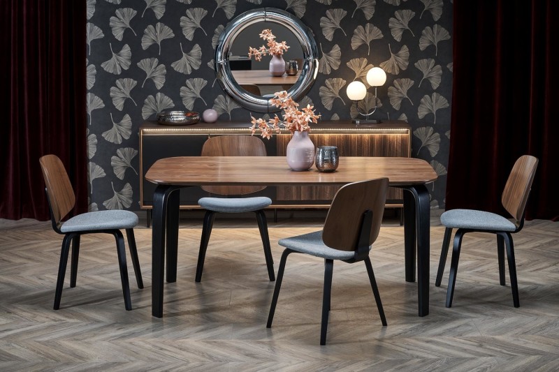 Krzesło tapicerowane K563 z drewnianym oparciem do jadalni orzechowy/popielaty