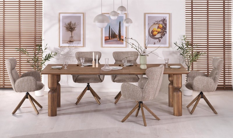 Krzesło obrotowe K585 tapicerowane do jadalni ciemny beżowy/dąb naturalny