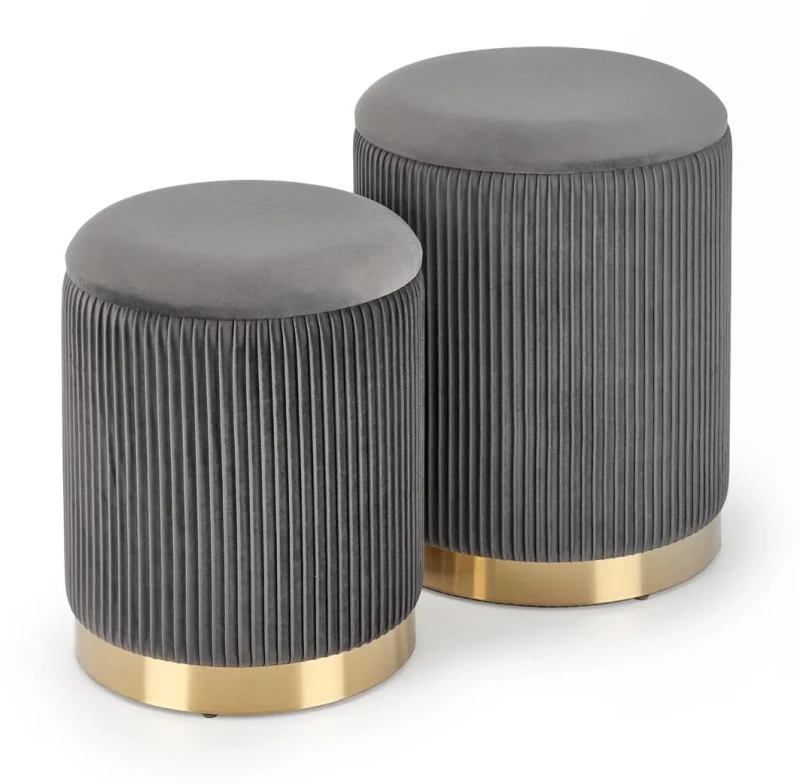 Zestaw 2 puf Monty okrągłe ze schowkiem w stylu glamour do salonu popielaty