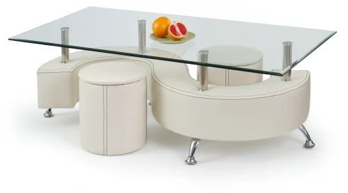 Stolik kawowy z pufami Nina 3 H szklany nowoczesny do salonu 130 cm biały