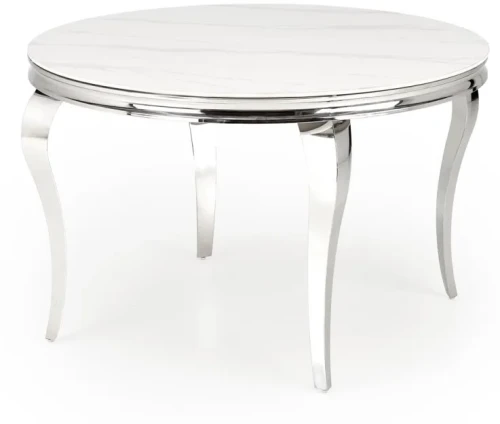 Stół okrągły Reginald glamour elegancki do jadalni 120 cm biały marmur/srebrny