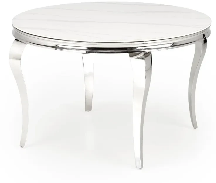 Stół okrągły Reginald glamour elegancki do jadalni 120 cm biały marmur/srebrny