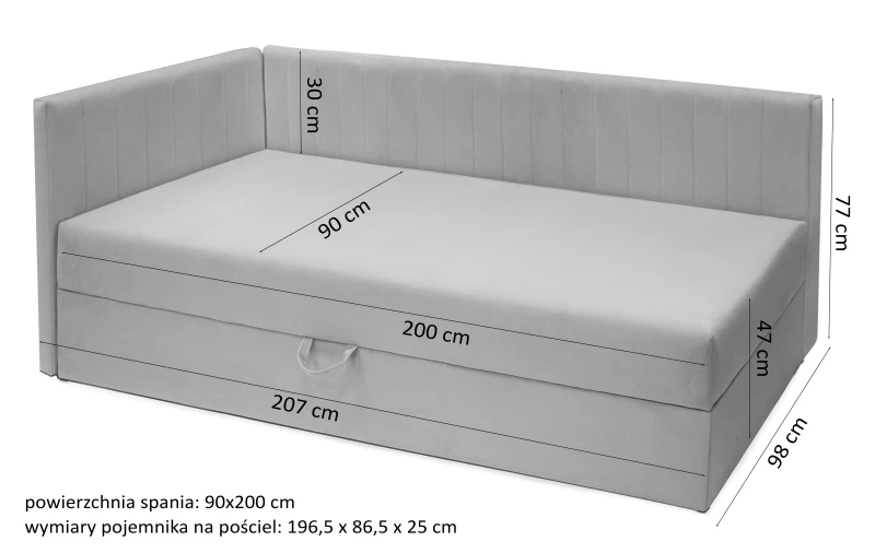Łóżko tapicerowane Mirano Plus 90x200 jednoosobowe z pojemnikiem