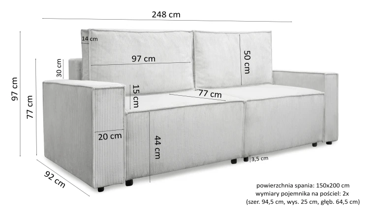 Sofa tapicerowana rozkładana Solara 248 cm