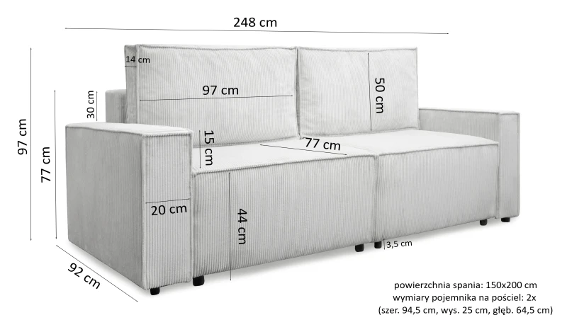 Sofa tapicerowana rozkładana Solara 248 cm