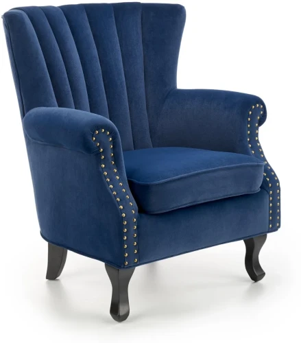 Fotel tapicerowany Titan welurowy na drewnianych nogach do salonu granatowy