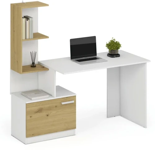 Biurko Miso z regałem i szafką do pokoju młodzieżowego 144 cm biały/dąb artisan