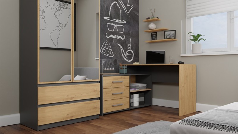 Biurko narożne Dany nowoczesne z szufladami 120 cm antracyt/dąb artisan