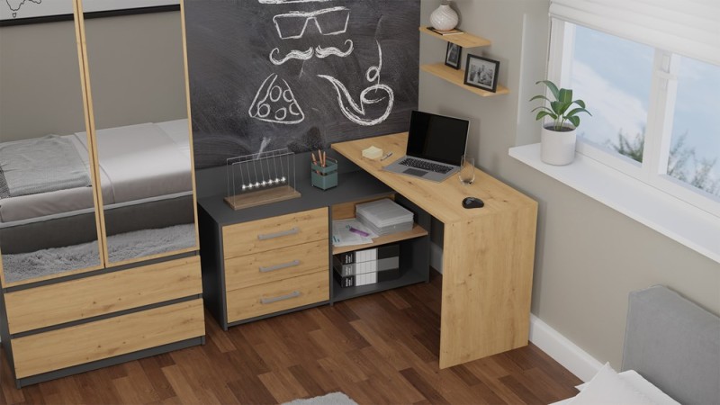 Biurko narożne Dany nowoczesne z szufladami 120 cm antracyt/dąb artisan