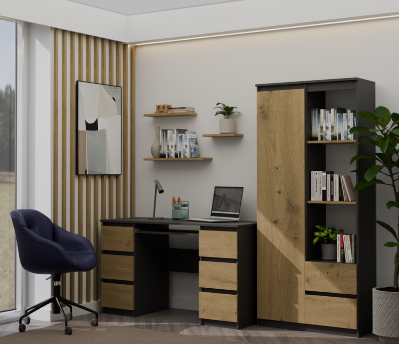 Biurko komputerowe Kuba nowoczesne z 6 szufladami 130 cm antracyt/dąb artisan