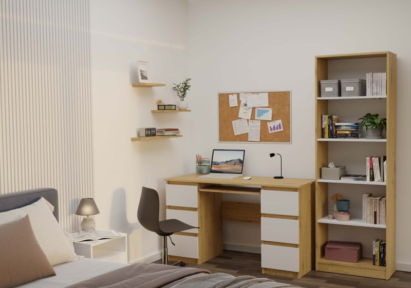 Biurko komputerowe Kuba nowoczesne z 6 szufladami 130 cm dąb artisan/biały