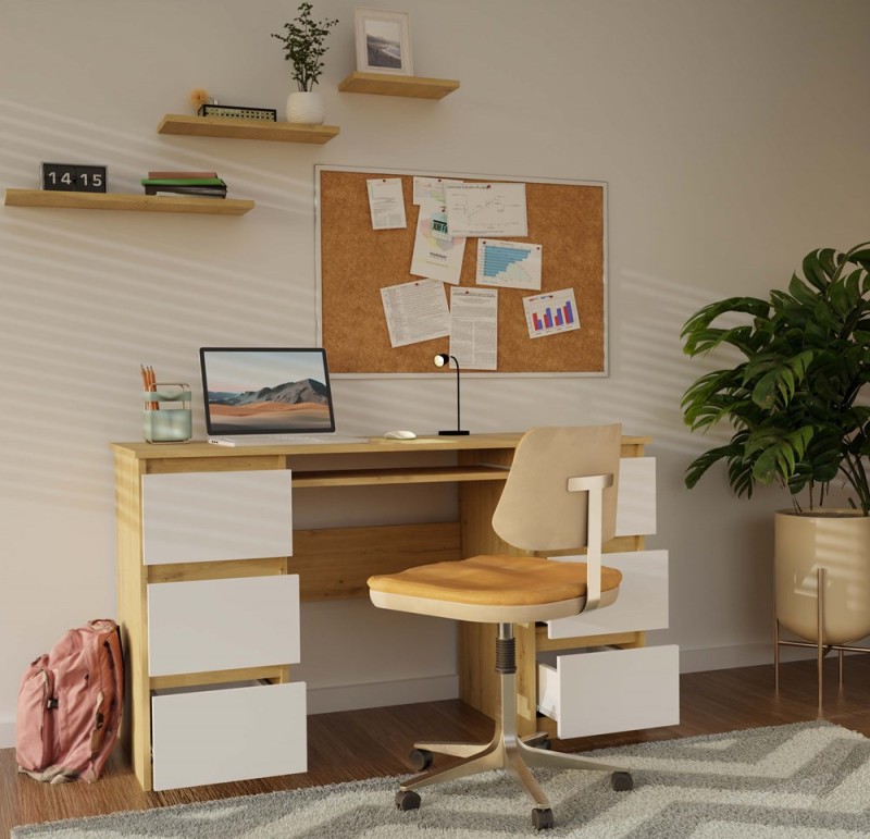 Biurko komputerowe Kuba nowoczesne z 6 szufladami 130 cm dąb artisan/biały