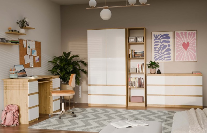 Biurko komputerowe Kuba nowoczesne z 6 szufladami 130 cm dąb artisan/biały