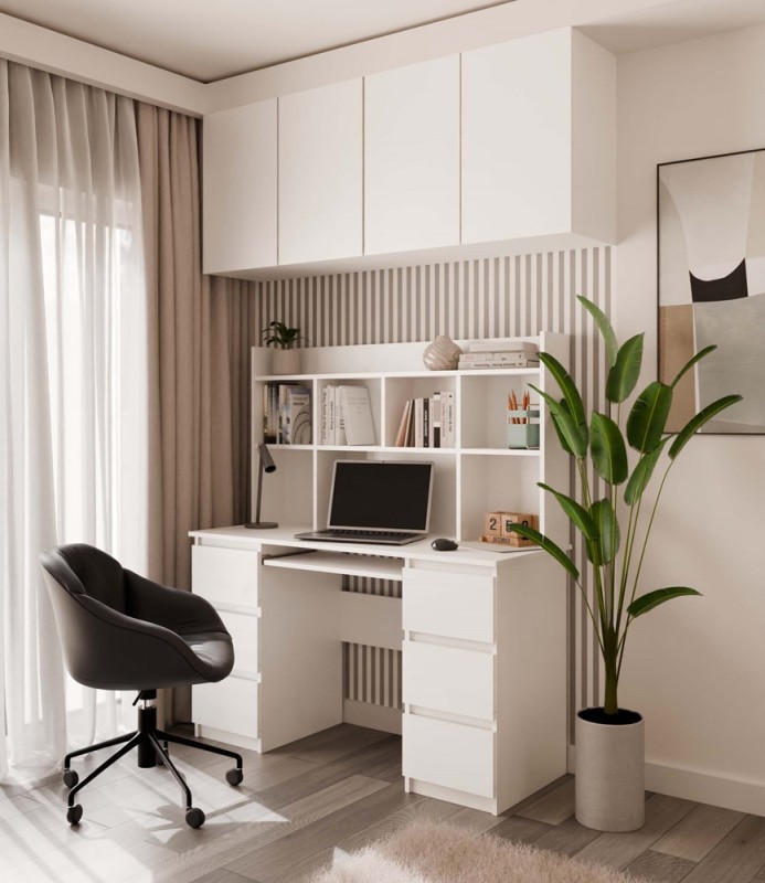 Biurko komputerowe Kuba z nadstawką nowoczesne z 6 szufladami 130 cm biały