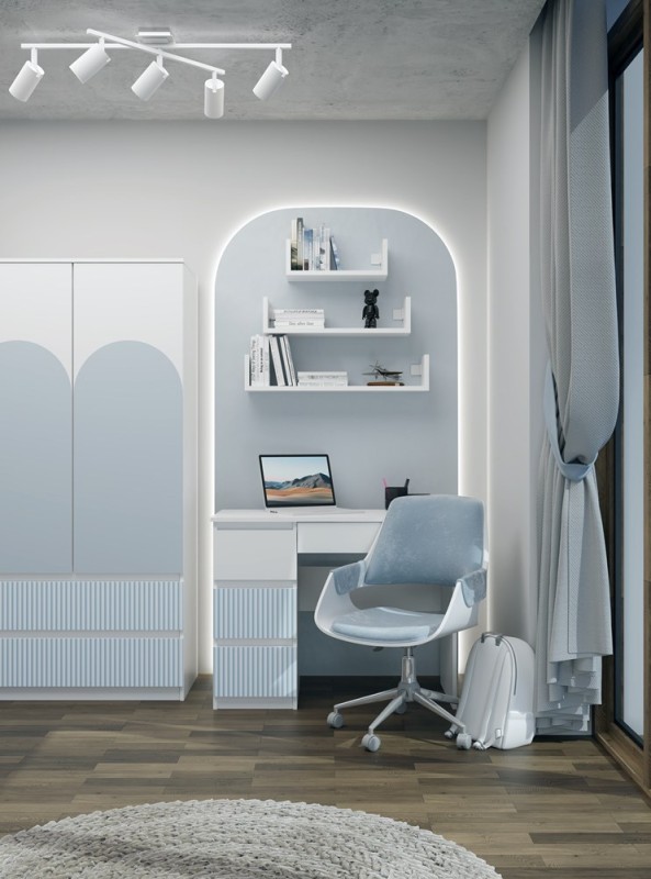 Biurko młodzieżowe Mijas Arteso Lewe kompaktowe z szufladami 98 cm biały/niebieski