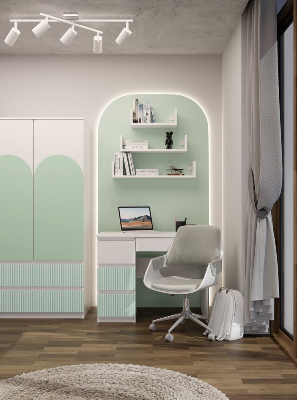 Biurko młodzieżowe Mijas Arteso Lewe kompaktowe z szufladami 98 cm biały/miętowy