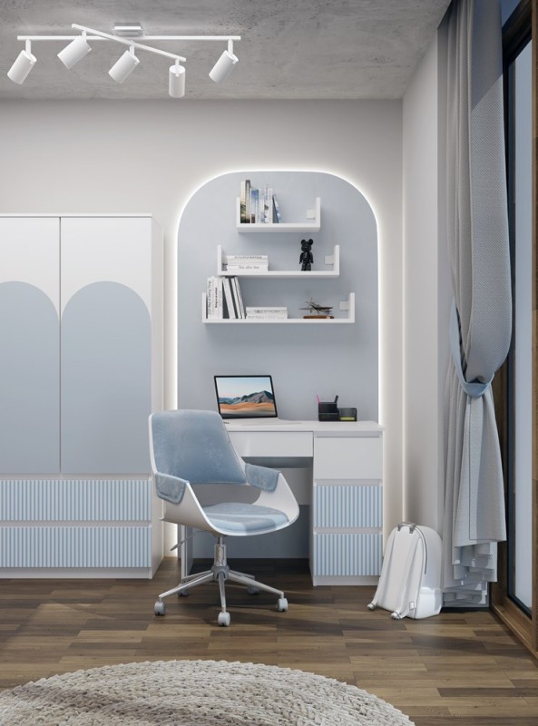 Biurko młodzieżowe Mijas Arteso Prawe kompaktowe z szufladami 98 cm biały/niebieski