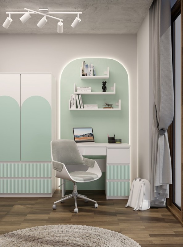 Biurko młodzieżowe Mijas Arteso Prawe kompaktowe z szufladami 98 cm biały/miętowy