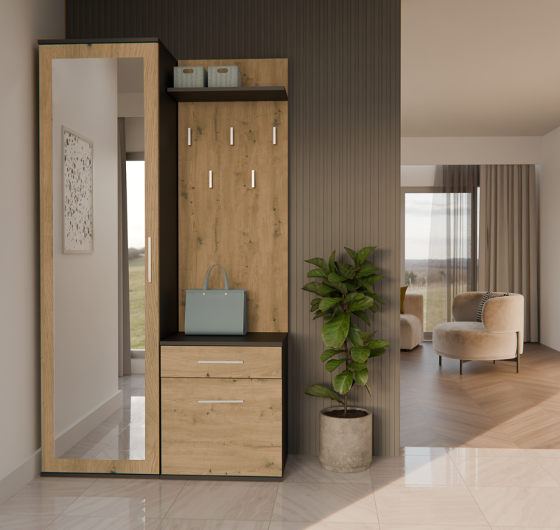 Garderoba Duo z lustrem i szufladą do przedpokoju 100 cm antracyt/dąb artisan