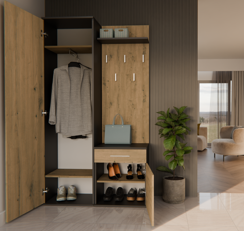 Garderoba Duo z lustrem i szufladą do przedpokoju 100 cm antracyt/dąb artisan