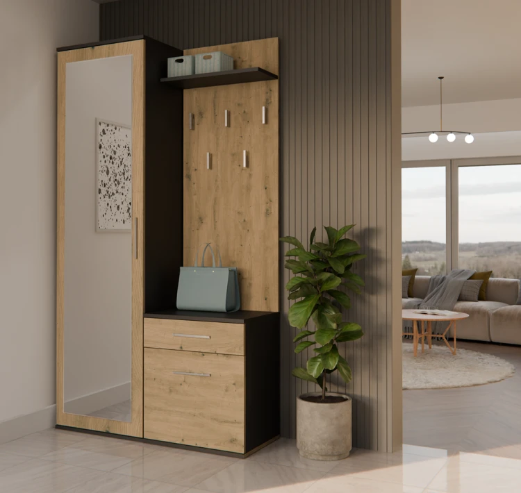 Garderoba Duo z lustrem i szufladą do przedpokoju 100 cm antracyt/dąb artisan