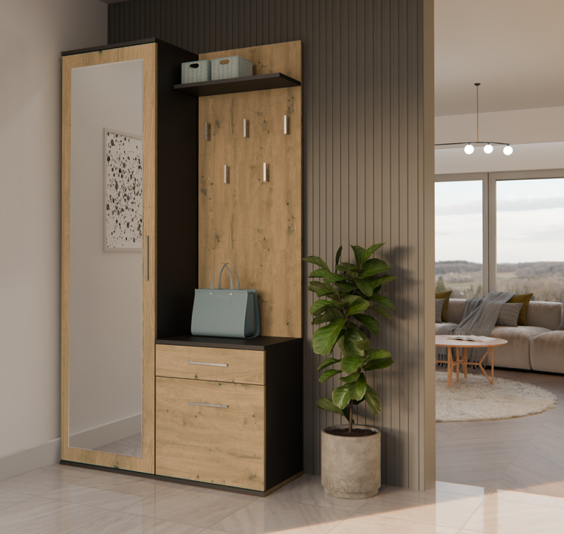 Garderoba Duo z lustrem i szufladą do przedpokoju 100 cm antracyt/dąb artisan