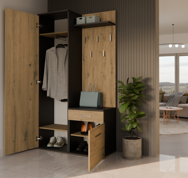 Garderoba Duo z lustrem i szufladą do przedpokoju 100 cm antracyt/dąb artisan