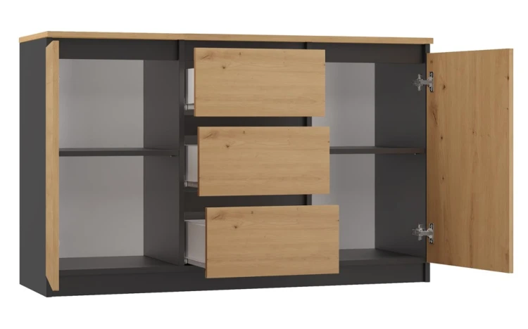Komoda Costa 6 szuflad 3 drzwi do salonu 200 cm antracyt/dąb artisan