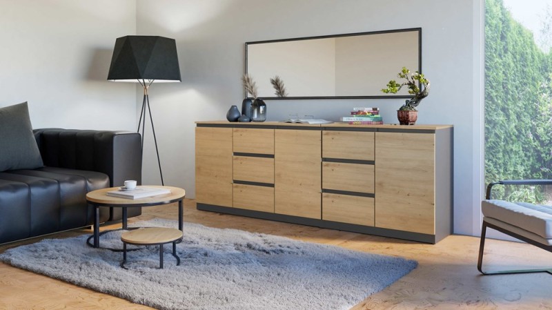 Komoda Costa 6 szuflad 3 drzwi do salonu 200 cm antracyt/dąb artisan
