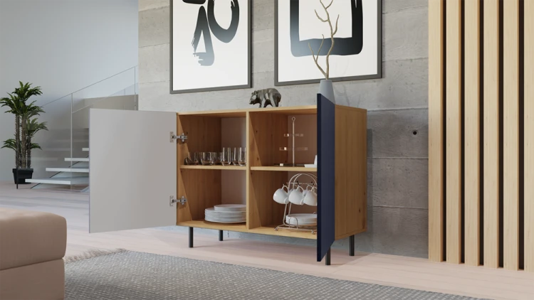 Komoda Kama Slim dwudrzwiowa ryflowany front lamele 100 cm dąb artisan/granatowy