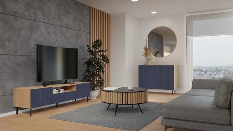 Komoda Kama Slim dwudrzwiowa ryflowany front lamele 100 cm dąb artisan/granatowy