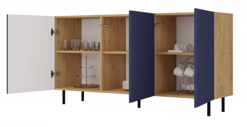 Komoda Kama Slim trzydrzwiowa ryflowany front lamele 150 cm dąb artisan/granatowy