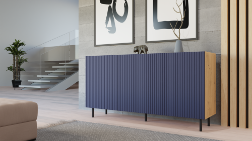Komoda Kama Slim trzydrzwiowa ryflowany front lamele 150 cm dąb artisan/granatowy