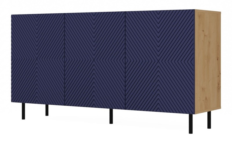 Komoda Kama 3K trzydrzwiowa ryflowany front kwadrat 150 cm dąb artisan/granatowy