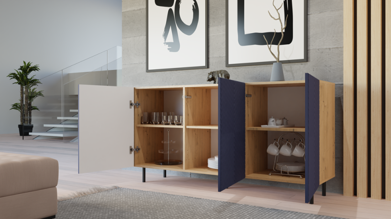 Komoda Kama 3K trzydrzwiowa ryflowany front kwadrat 150 cm dąb artisan/granatowy
