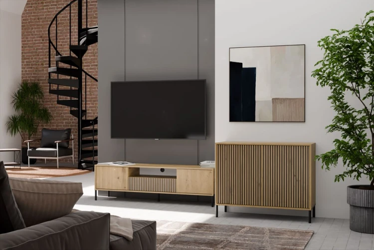 Komoda Kamaro 2D Slim dwudrzwiowa ryflowany front lamele 100 cm dąb artisan
