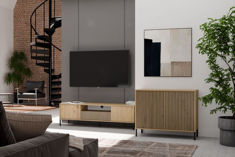 Komoda Kamaro 2D Slim dwudrzwiowa ryflowany front lamele 100 cm dąb artisan