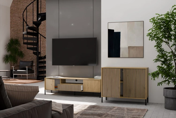 Komoda Kamaro 2D Slim dwudrzwiowa ryflowany front lamele 100 cm dąb artisan