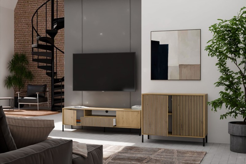 Komoda Kamaro 2D Slim dwudrzwiowa ryflowany front lamele 100 cm dąb artisan
