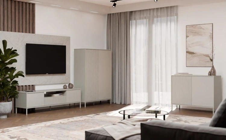 Komoda Kamaro 2D Slim dwudrzwiowa gładki i ryflowany front lamele 100 cm kaszmir