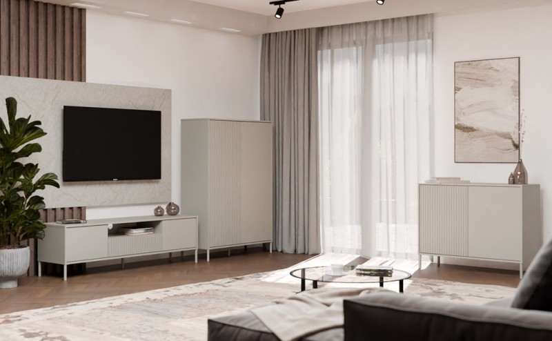 Komoda Kamaro 2D Slim dwudrzwiowa gładki i ryflowany front lamele 100 cm kaszmir
