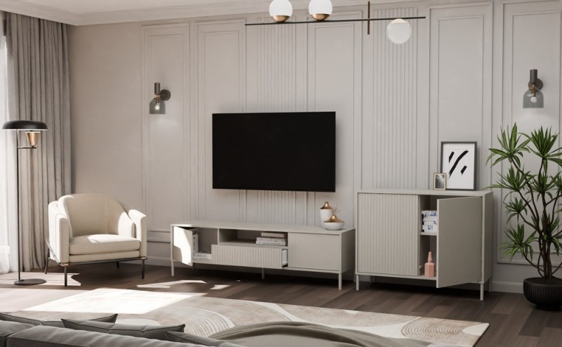 Komoda Kamaro 2D Slim dwudrzwiowa gładki i ryflowany front lamele 100 cm kaszmir