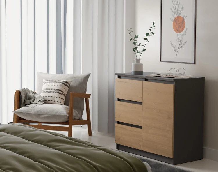 Komoda Malwa 1D3S jednodrzwiowa z 3 szufladami do salonu 80 cm antracyt/dąb artisan