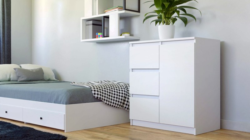 Komoda Malwa 1D3S jednodrzwiowa z 3 szufladami do salonu 80 cm biały