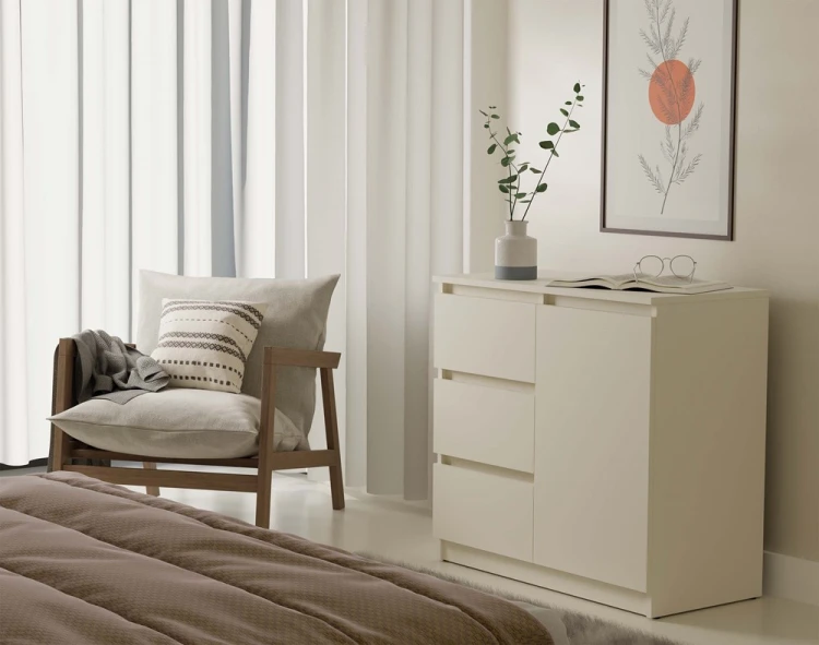 Komoda Malwa 1D3S jednodrzwiowa z 3 szufladami do salonu 80 cm kaszmir