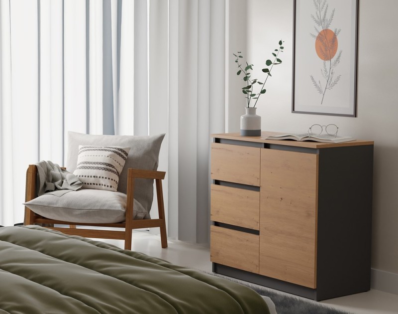 Komoda Malwa 1D3S jednodrzwiowa z 3 szufladami do salonu 80 cm antracyt/dąb artisan/blat dąb artisan